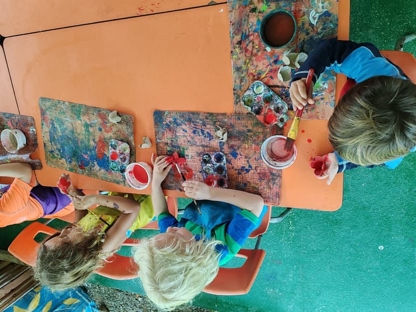 Overhead view of kids painting